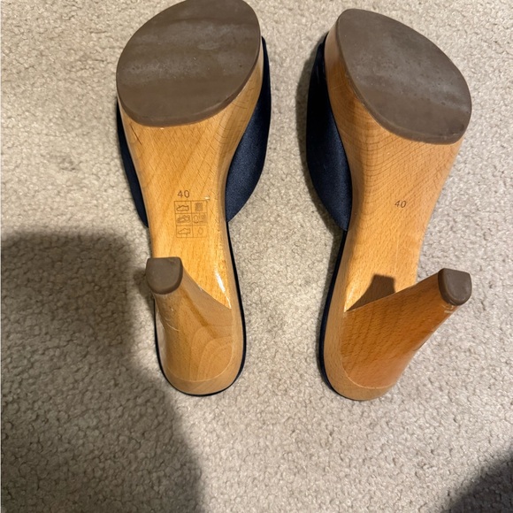 Christian Lacroix Navy Blue Satin Platform Mules with Wooden Heel - Picture 6 of 6